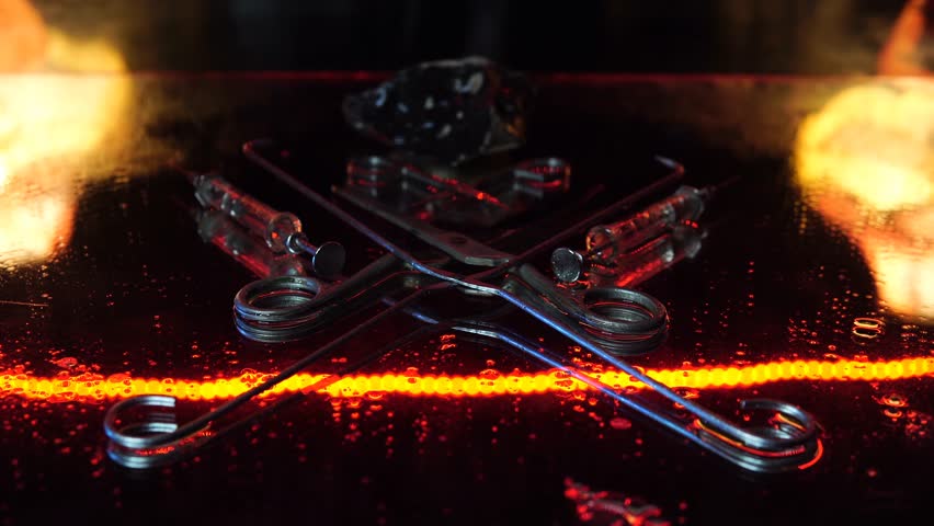 syringes scissors mirror rock light 