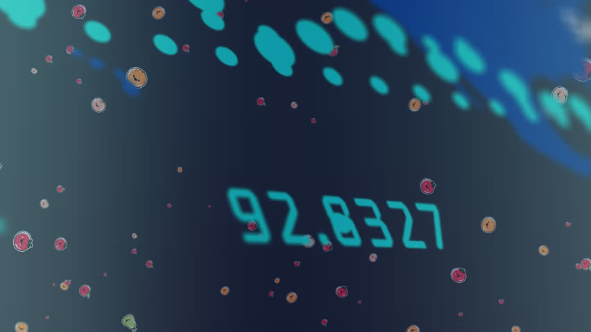 Animation of data processing and fruit emoji icons over world map against blue background. Computer interface and business data technology concept - Powered by Shutterstock - Get 15% off with code: PIKWIZARD15