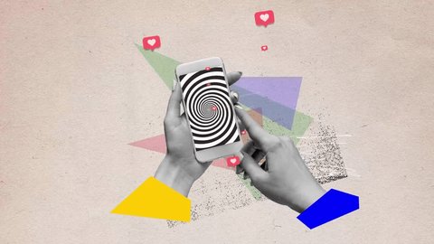 Human hands holding mobile phone with hypnotic screen. Many social media likes. Popularity and internet addiction. Contemporary art. Stop motion, animation. Concept of modern technologies, surrealism : vidéo de stock