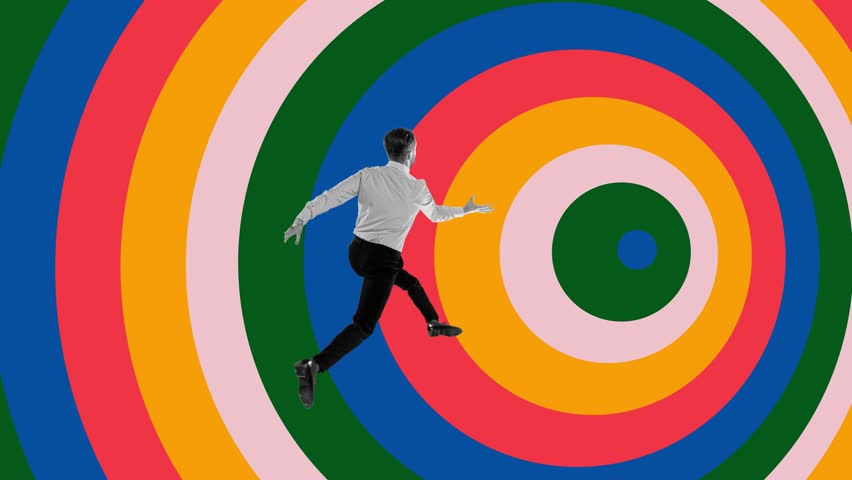 Businessman in formal wear running into professional chaos, developing personal and professional growth. Stop motion, animation. Contemporary art. Concept of office, business, career, success.