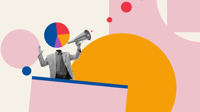 Business analytics. Man in formal wear with round circle graph shouting in megaphone. Stop motion, animation. Contemporary art. Office, business, career development, success concept. Creative design