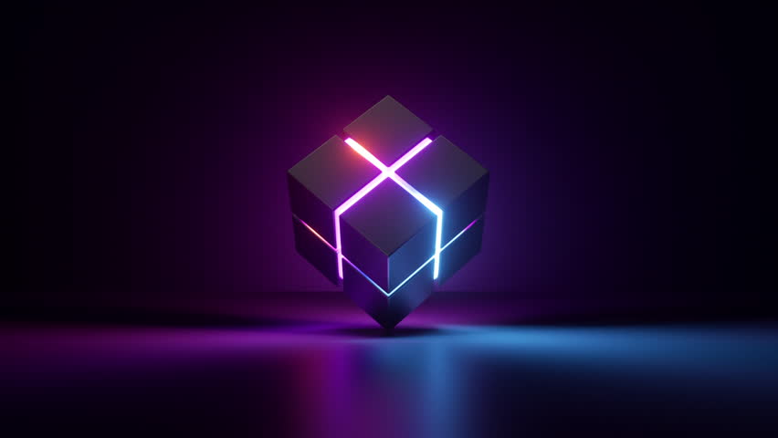 cycled 3d animation, abstract background, cubic box with glowing neon lines, spins and rotates inside the dark empty room. Glowing object inside the dark room. Virtual reality Royalty-Free Stock Footage #1104454977