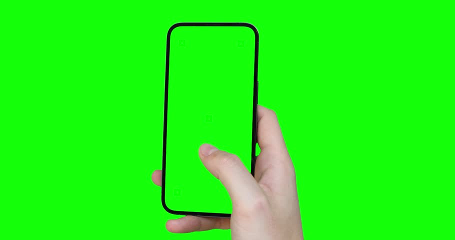 A man's hand holds a smartphone with an empty green screen with tracking markers and scrolls through the app content using his thumb - a template for browsing app content. Chroma key included Royalty-Free Stock Footage #1104455627