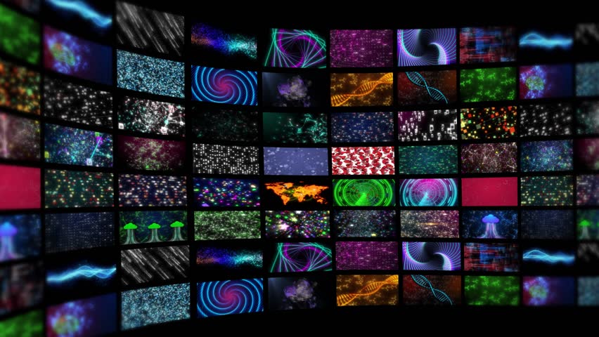 Multiple Tv Screen Network Communication Broadcasting Animation Video On Dark Background. Lots Of Television Screens Animation, Different Tv Display Multi Screen Streaming Video Televisions Advertise