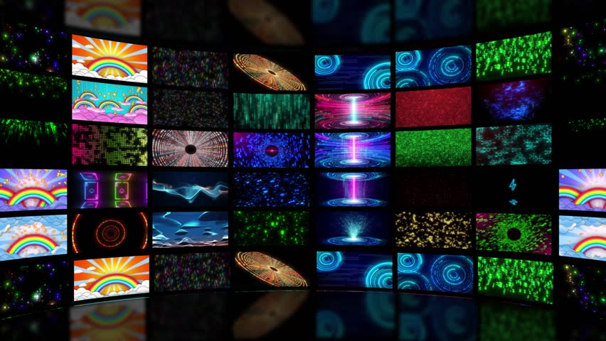 Multiple Tv Screen Network Communication Broadcasting Animation Video On Dark Background. Lots Of Television Screens Animation, Different Tv Display Multi Screen Streaming Video Televisions Advertise