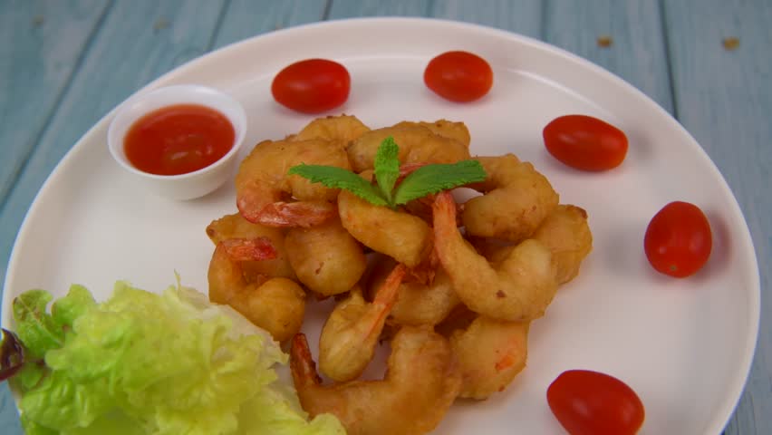 Recipe for shrimp fritters in sweet and sour sauce | Shutterstock HD Video #1104472127