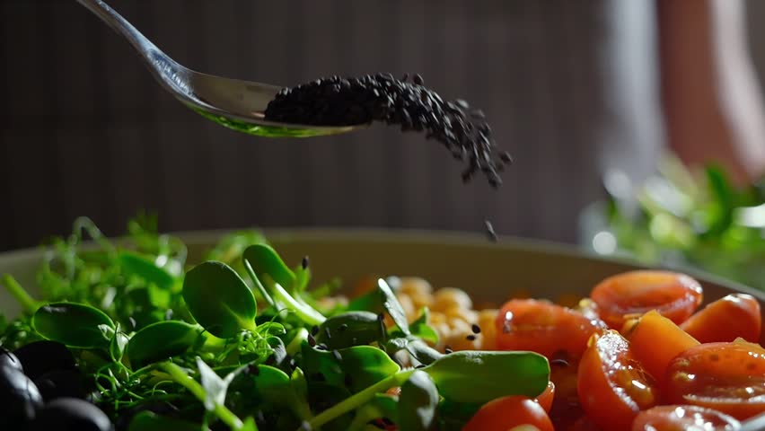 black sesame falling close up shot. healthy bowl recipes with sesame and vegetables. ingredients of healthy food. easy and healthy meals for breakfast, lunch, and dinner