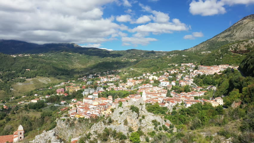 The beautiful city center of Lauria at the foot of the mountains in Europe, Italy, Basilicata, summer, on a sunny day.