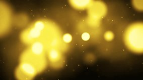 Gold Particles Moving Background. fast energy flying wave line with flash lights. Particle from below. Particle gold dust flickering on black background. Abstract Footage background for text. 