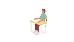 Animated Schoolboy Character Sitting at Desk, School Lesson. Full Body Flat Person on White Background, Colorful Cartoon Style HD Video Footage for Animation, Education, and Learning Concepts
