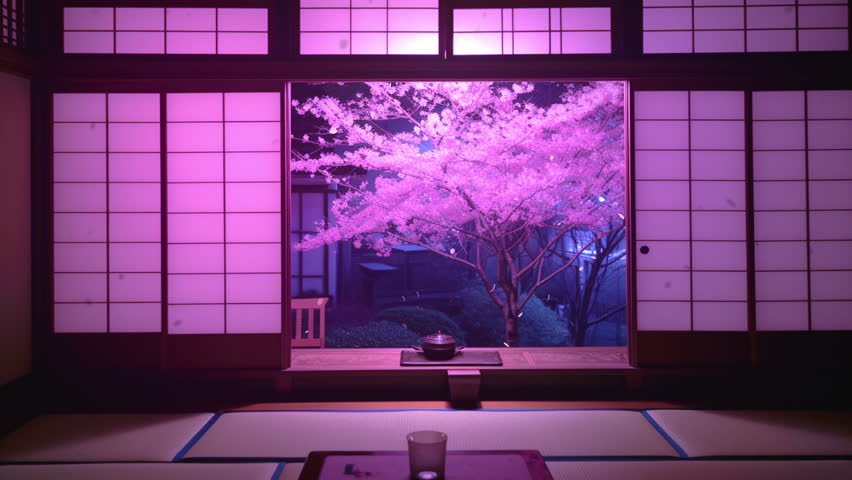 Nighttime cherry blossoms viewed from a Japanese-style room, moonlit night, moonlight, cherry petals in full bloom, loop seamless	 Royalty-Free Stock Footage #1104485495