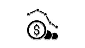 Black Dollar rate decrease icon isolated on white background. Cost reduction. Money symbol with down arrow. Business lost crisis decrease. 4K Video motion graphic animation.