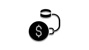 Black Debt ball chained to dollar coin icon isolated on white background. Big heavy debt weight with shackles and money. Financial crime, fee, crisis. 4K Video motion graphic animation.