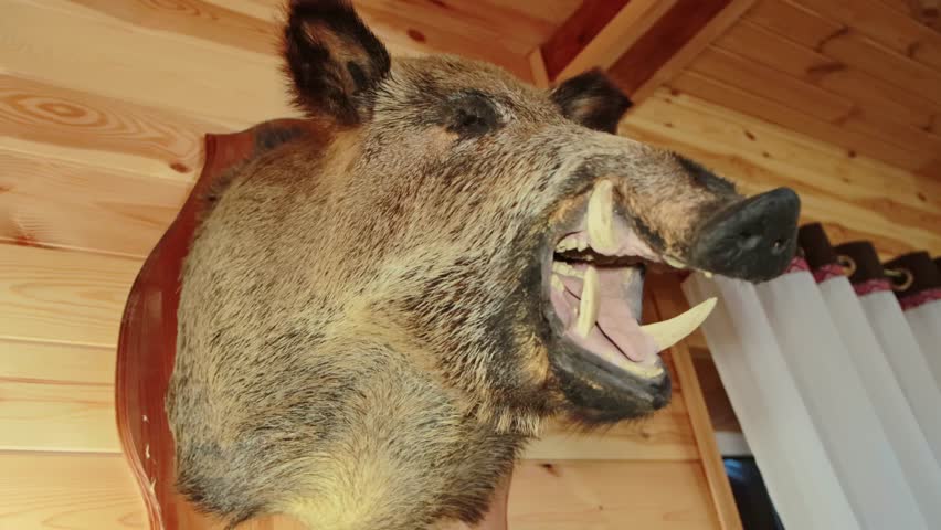 The head of a stuffed wild boar hangs on the wooden wall of a country house. | Shutterstock HD Video #1104487237