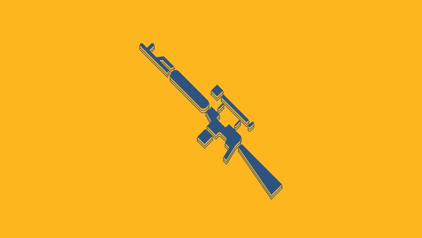 Blue Sniper rifle with scope icon isolated on orange background. 4K Video motion graphic animation.