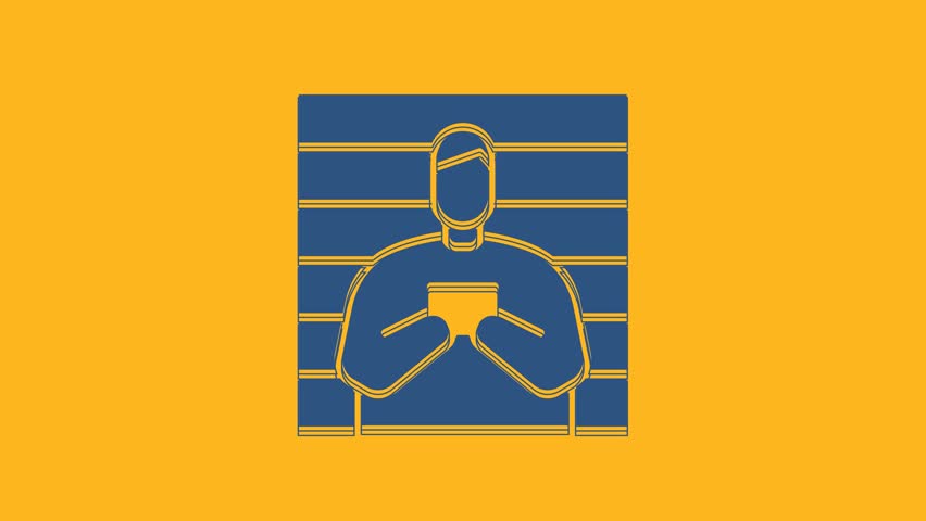 Blue Suspect criminal icon isolated on orange background. The criminal in prison, suspected near the board. 4K Video motion graphic animation.