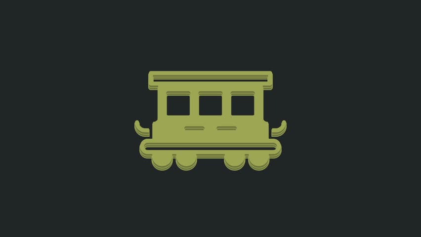 Green Passenger train cars toy icon isolated on black background. Railway carriage. 4K Video motion graphic animation.
