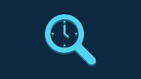 Blue Magnifying glass with clock icon isolated on blue background. Clock search. 4K Video motion graphic animation.