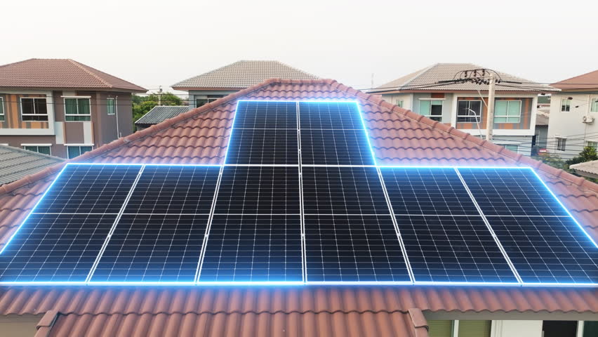 Go green save the planet earth net zero low CO2 emission cost reduce. Internet of things smart home future eco friendly life with IOT panels cells grid sun light hybrid inverter electric power supply. Royalty-Free Stock Footage #1104489935