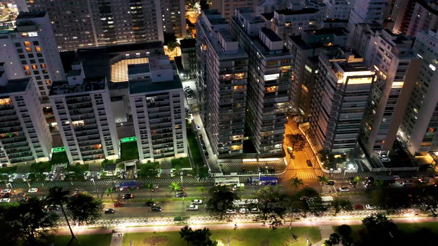 Aerial Cityscape At Santos Sao Paulo Brazil. Cityscapes Downtown. Night Building Downtown Cityscape. Night Outside Downtown District High Angle View. Night Cityscape Building Architecture.