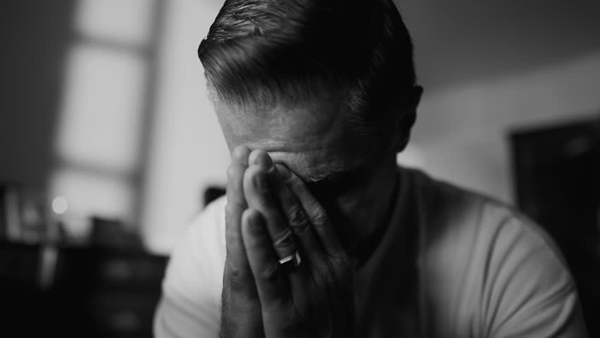 Older man struggling with trauma and loneliness. Middle-aged male person covering face looking down in shame and despair. Hopeless feeling depicted in monochrome black and white Royalty-Free Stock Footage #1104490601