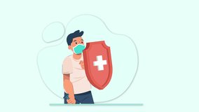 Medical and Health concept 2d explainer and information video, Man wearing mask holding injection to fight and sheild against virus, bacteria and germs with green healthy eco friendly environment 