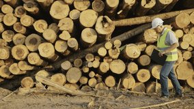 Adult male logging engineer checks sawn logs. Lumber industry engineer. Slow motion