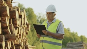 Logging engineer with with paper tablet in his hands next to sawn logs. Slow motion