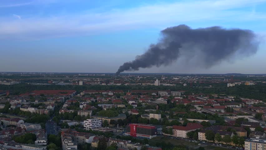 Berlin 31 May 23. Large fire black cloud smoke Nice aerial top view flight drone | Shutterstock HD Video #1104503717