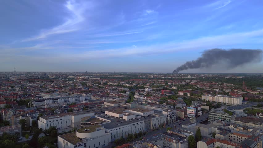 Berlin TV Tower. Large fire black cloud smoke. Stunning aerial view flight drone | Shutterstock HD Video #1104503719