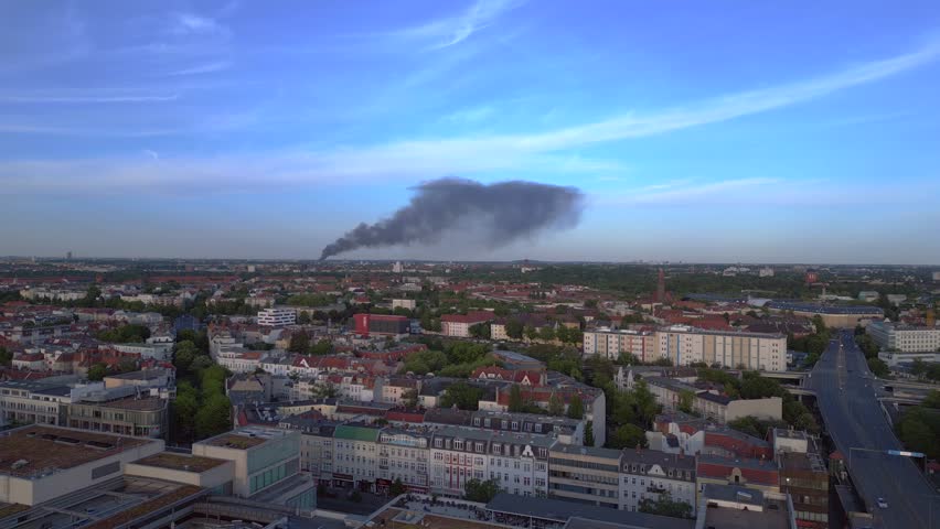 Tower in berlin, Large fire black cloud. Fantastic aerial top view flight drone | Shutterstock HD Video #1104503767