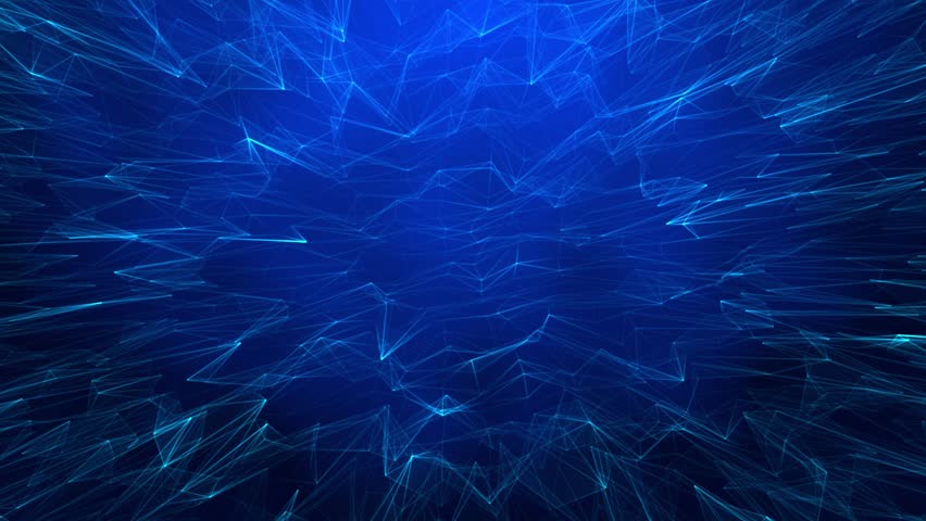 3D abstract digital technology animated blue light particles on blue background.