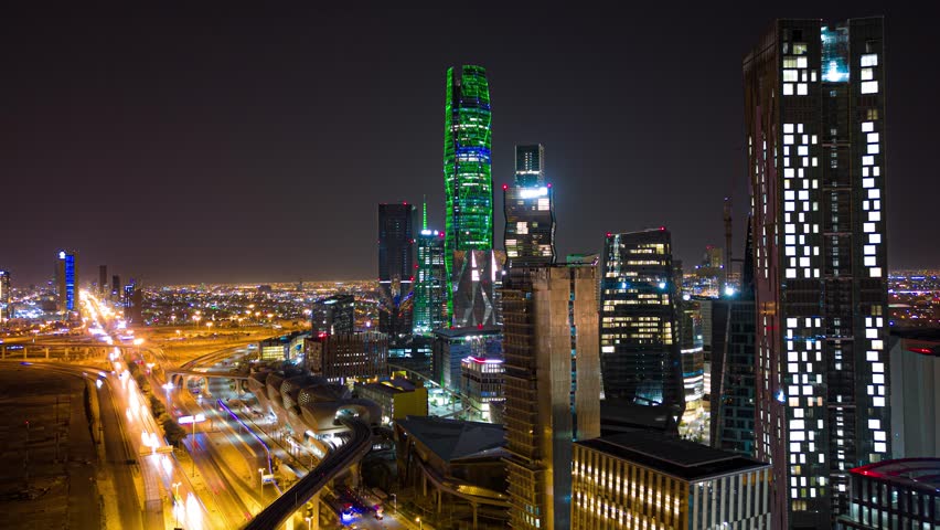 Drone hyperlapse of King Abdullah Financial District ( KAFD ) at night, Riyadh city, Saudi Arabia