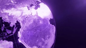 4k Seamless loop video of glowing and Futuristic rotating animation of earth globe in close up shot on Left side, Business and Technology purple Background