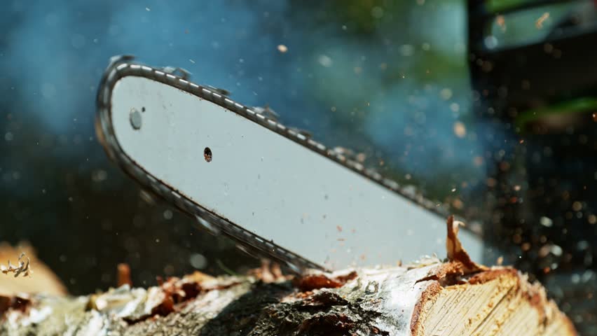 Super Slow Motion of a Chainsaw Cutting the Wooden Log. Filmed on High Speed Cinema Camera, 1000 fps. Royalty-Free Stock Footage #1104511275