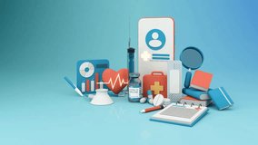 Health Insurance Form Surrounded by Shield and Heart Shapes, Rates, Umbrellas, and Pills on Pastel Blue and Pink Background, 3D Render Animation Loop for Healthcare, Insurance, and Medical Concepts