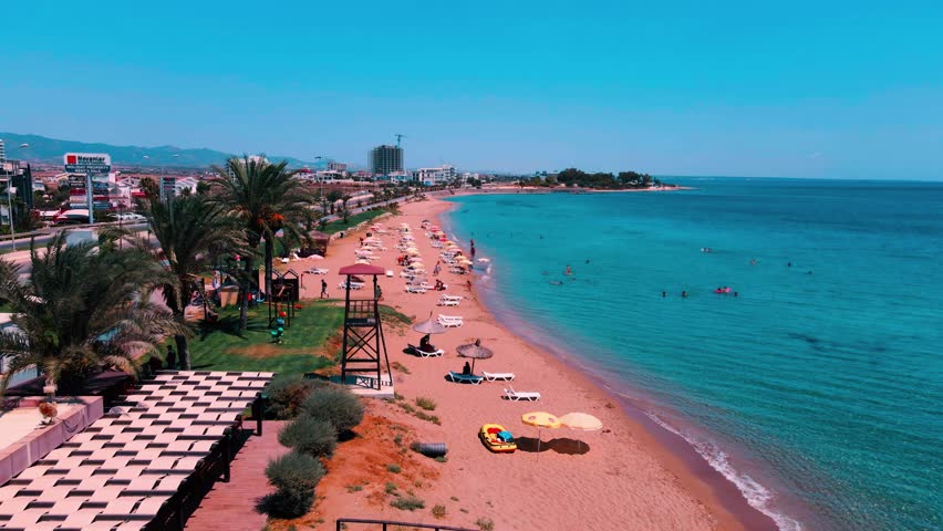 Aerial beach top view in Iskele, North Cyprus on sunny day with clear sky