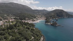 Drone 4k clip of panoramic view of Parga Greece coastline summer