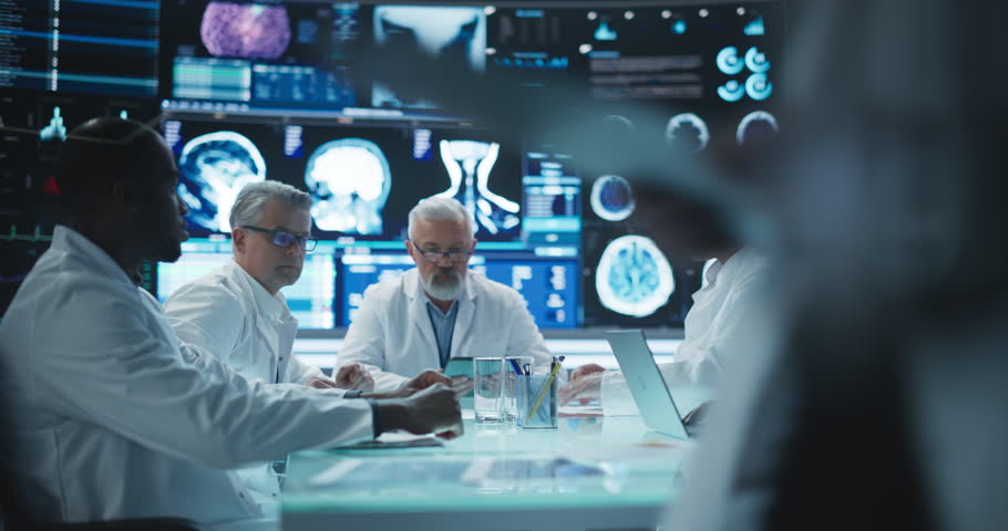 Big Pharma and Medical Device Industrial Company Laboratory Team Members Having a Medical Meeting in Front of Big Digital Screen with Advanced Treatment Experiment Reports and Patient Data Royalty-Free Stock Footage #1104516893