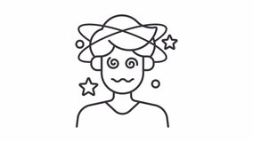 Dizziness icon animation. Animated line man with stars spinning over his head. Confused person. Heat stroke. Loop HD video with alpha channel, transparent background. Outline motion graphic