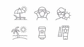 Sun safety icons animation. Animated line beach travel. Outdoor recreation. Sunscreen protection. UV radiation. Loop HD video with alpha channel, transparent background. Outline motion graphic