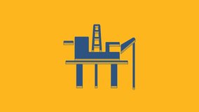 Blue Oil platform in the sea icon isolated on orange background. Drilling rig at sea. Oil platform, gas fuel, industry offshore. 4K Video motion graphic animation.