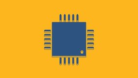Blue Computer processor with microcircuits CPU icon isolated on orange background. Chip or cpu with circuit board sign. Micro processor. 4K Video motion graphic animation.