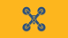 Blue Drone flying icon isolated on orange background. Quadrocopter with video and photo camera symbol. 4K Video motion graphic animation.