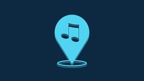 Blue Location musical note icon isolated on blue background. Music and sound concept. 4K Video motion graphic animation.
