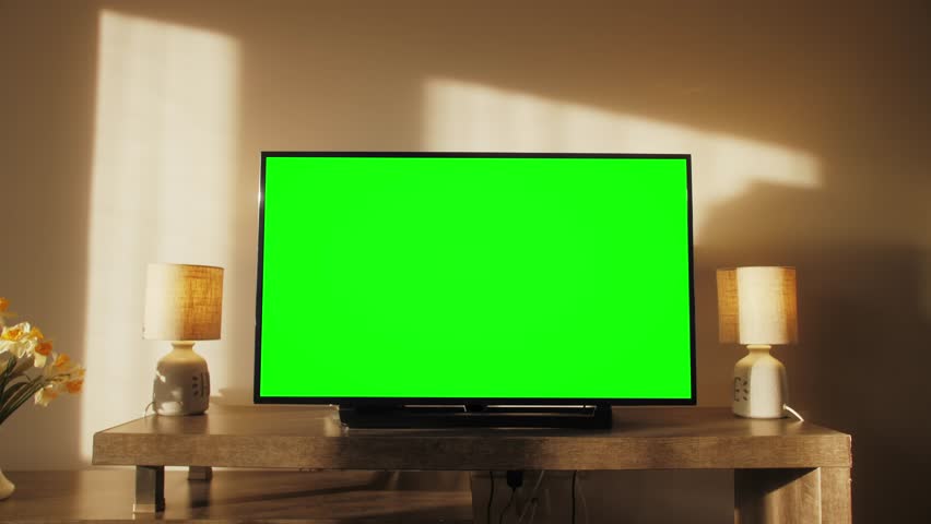Stylish modern apartment interior with TV set with green screen. Living room at home with chroma key. Royalty-Free Stock Footage #1104528365