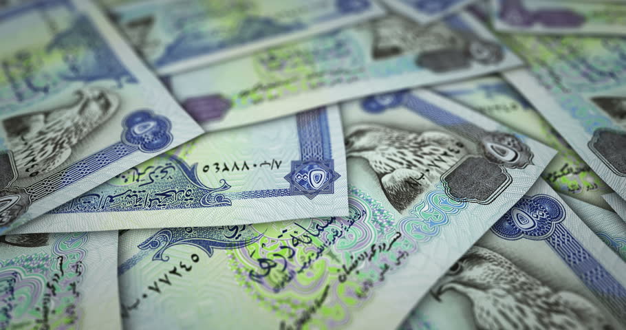 Emirates Dirham Dubai AED banknote surface. Flying over Dubai money note. 3D abstract concept of business, inflation, economy, finance, crisis and banking. Royalty-Free Stock Footage #1104530883