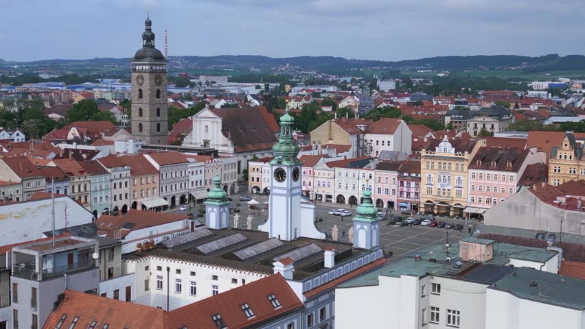 Budweis square town hall with bell tower. Gorgeous aerial top view flight drone