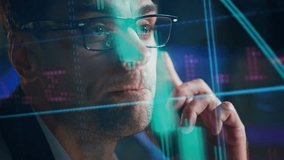 Successful economist talking cell phone in data holographic reflection closeup. Focused man businessman discussing bonds stock market profit on call. Confident trader consulting client working late. - Powered by Shutterstock - Get 15% off with code: PIKWIZARD15