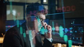 Invest manager talking mobile in statistics hologram closeup. Busy man work late consulting client on exchange stock market data in evening office. Successful businessman discussing analysing profit - Powered by Shutterstock - Get 15% off with code: PIKWIZARD15